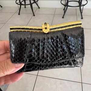 Judith Leiber snakeskin Black and Gold Leather wallet